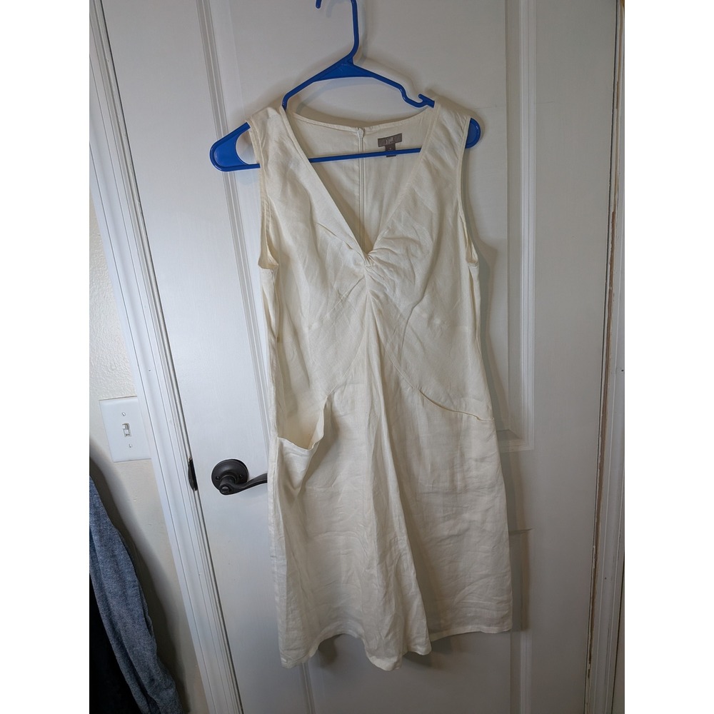 J. Jill Women 6‎ Petite Cream 100% Linen Sleeveless V-Neck Pocket Shift Dress